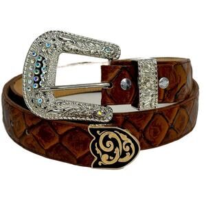 OMORO Handmade Leather Belt with Rhinestone Buckle - Leather & Silver Hardware